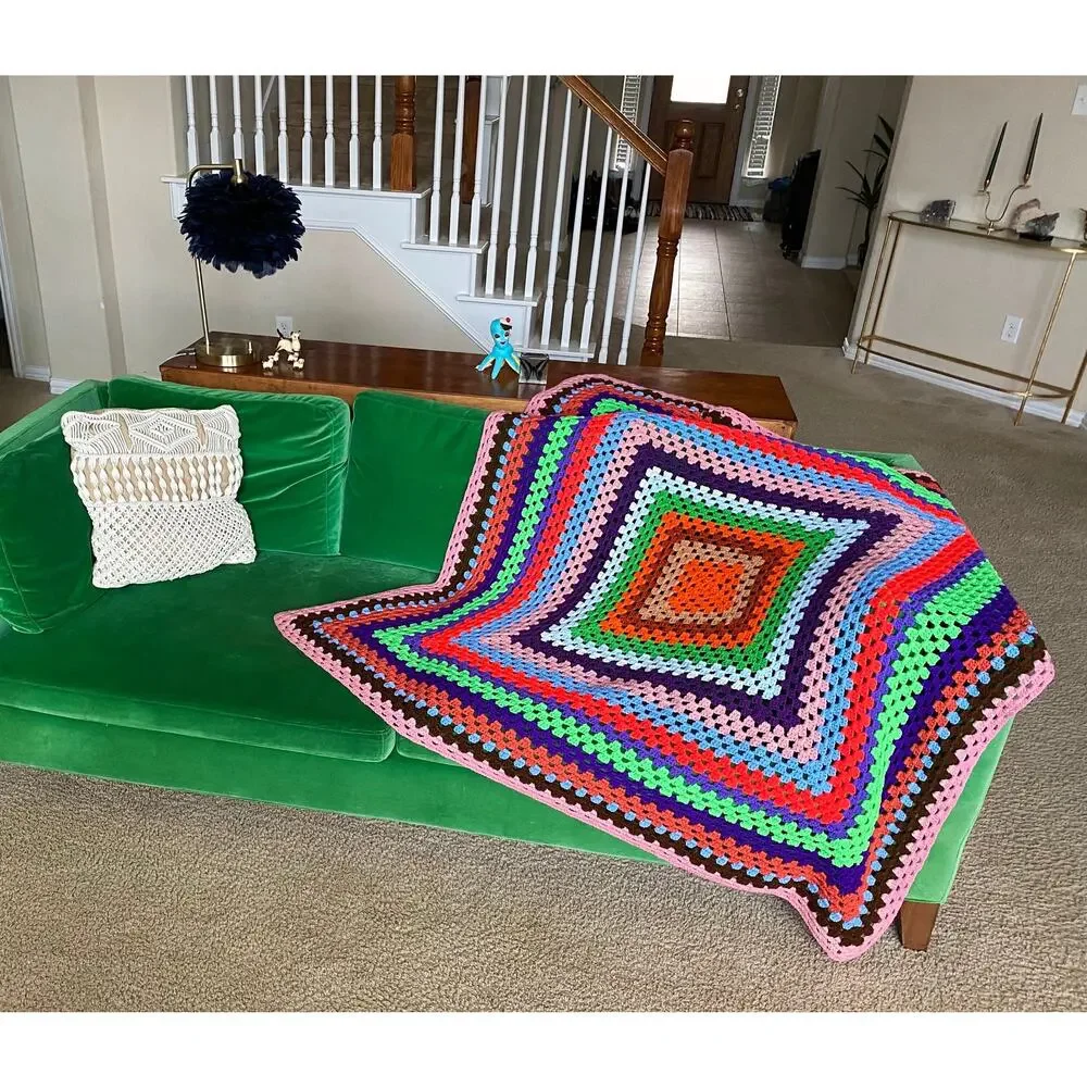vintage 70s RAINBOW Cut Out AFGHAN colorful squares blanket groovy home decor